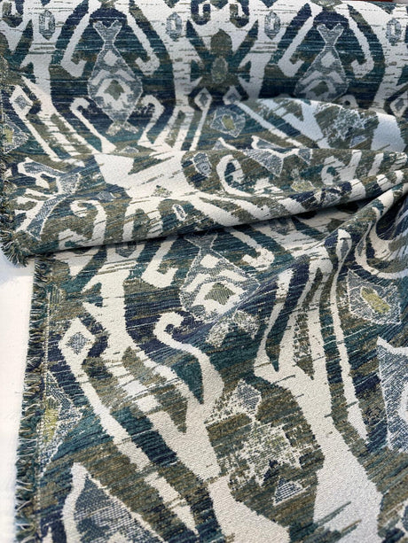Esperanza Ever Green Blue Ikat Chenille Upholstery Fabric - Off White, Teal Blue, Yellow, Red, 58" Width (1 Yard)