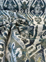 Esperanza Ever Green Blue Ikat Chenille Upholstery Fabric - Off White, Teal Blue, Yellow, Red, 58" Width (1 Yard)