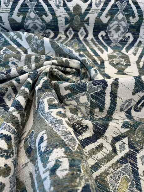 Esperanza Ever Green Blue Ikat Chenille Upholstery Fabric - Off White, Teal Blue, Yellow, Red, 58" Width (1 Yard)