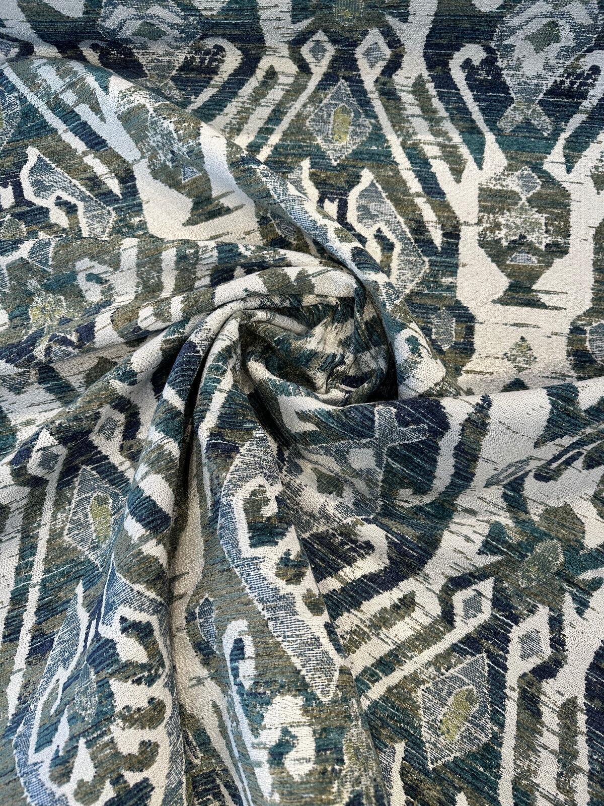 Esperanza Ever Green Blue Ikat Chenille Upholstery Fabric - Off White, Teal Blue, Yellow, Red, 58" Width (1 Yard)