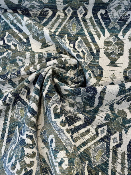 Esperanza Ever Green Blue Ikat Chenille Upholstery Fabric - Off White, Teal Blue, Yellow, Red, 58" Width (1 Yard)