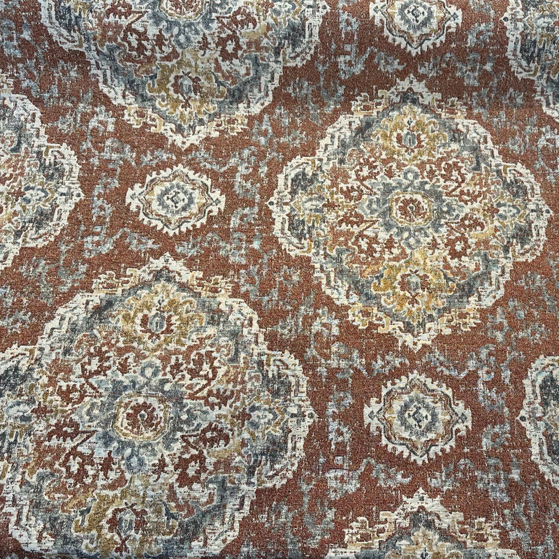 Eastview Auburn Damask Swavelle Chenille Upholstery Fabric - Auburn Rust Orange With Beige Hints, 57.75" Width, 27" Horizontal Repeat, 27" Vertical Repeat (1 Yard)