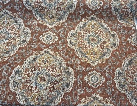 Eastview Auburn Damask Swavelle Chenille Upholstery Fabric - Auburn Rust Orange With Beige Hints, 57.75" Width, 27" Horizontal Repeat, 27" Vertical Repeat (1 Yard)