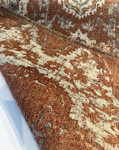 Eastview Auburn Damask Swavelle Chenille Upholstery Fabric - Auburn Rust Orange With Beige Hints, 57.75" Width, 27" Horizontal Repeat, 27" Vertical Repeat (1 Yard)
