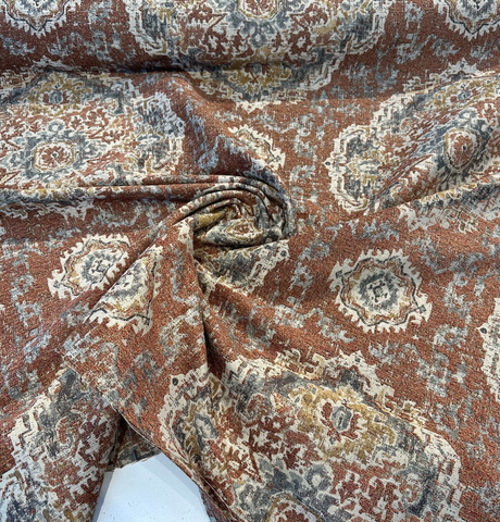 Eastview Auburn Damask Swavelle Chenille Upholstery Fabric - Auburn Rust Orange With Beige Hints, 57.75" Width, 27" Horizontal Repeat, 27" Vertical Repeat (1 Yard)