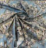 Highclere Petro Cerulean Cotton Duck Fabric - Exotic Buildings, Elephants, Blue Gray Taupe, 54" Width (1 Yard)