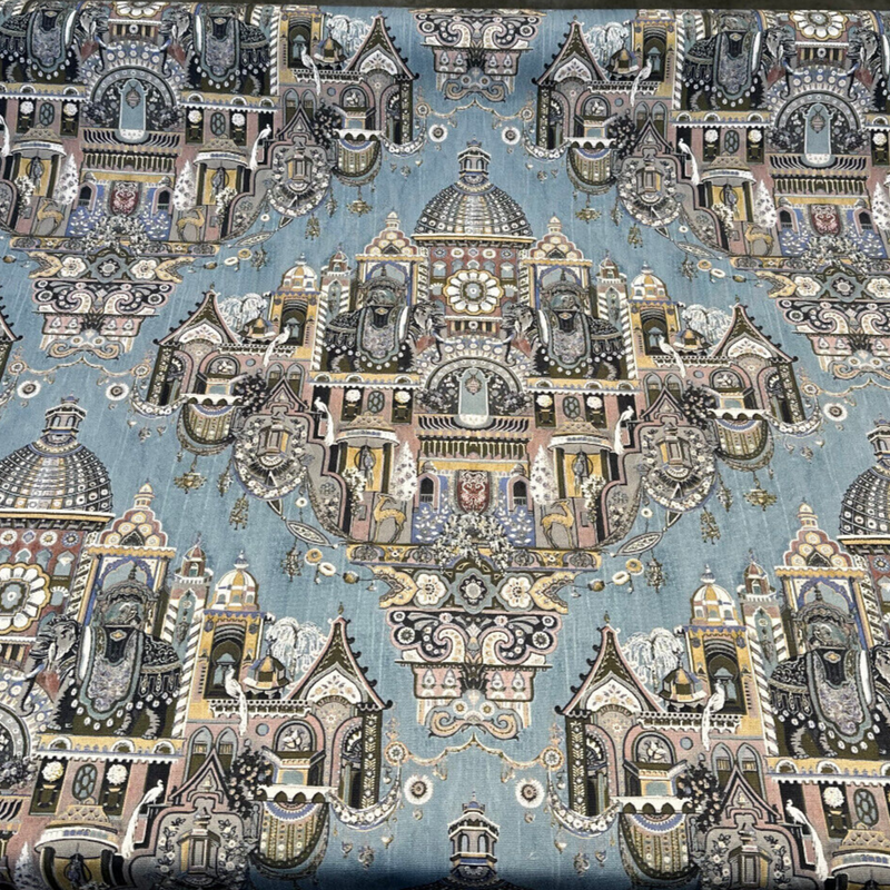 Highclere Petro Cerulean Cotton Duck Fabric - Exotic Buildings, Elephants, Blue Gray Taupe, 54" Width (1 Yard)