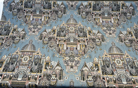 Highclere Petro Cerulean Cotton Duck Fabric - Exotic Buildings, Elephants, Blue Gray Taupe, 54" Width (1 Yard)