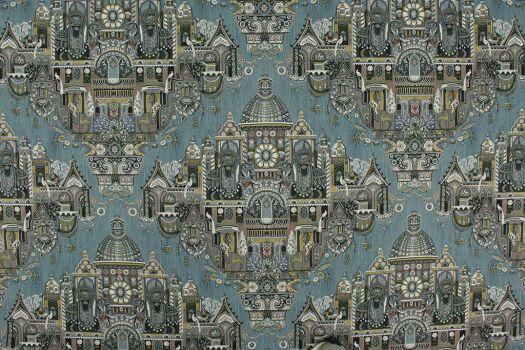 Highclere Petro Cerulean Cotton Duck Fabric - Exotic Buildings, Elephants, Blue Gray Taupe, 54" Width (1 Yard)