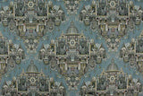 Highclere Petro Cerulean Cotton Duck Fabric - Exotic Buildings, Elephants, Blue Gray Taupe, 54" Width (1 Yard)