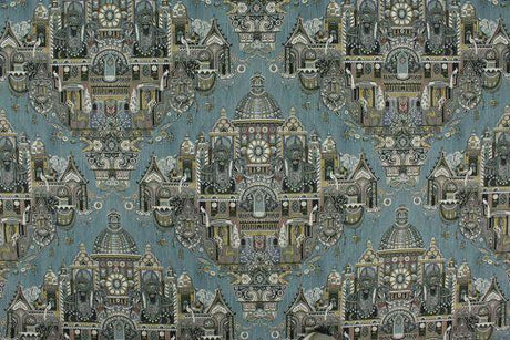 Highclere Petro Cerulean Cotton Duck Fabric - Exotic Buildings, Elephants, Blue Gray Taupe, 54" Width (1 Yard)