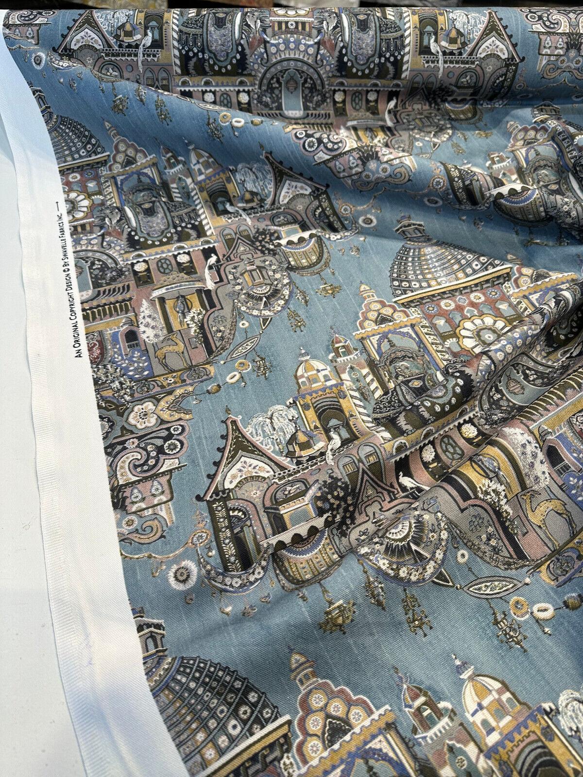 Highclere Petro Cerulean Cotton Duck Fabric - Exotic Buildings, Elephants, Blue Gray Taupe, 54" Width (1 Yard)