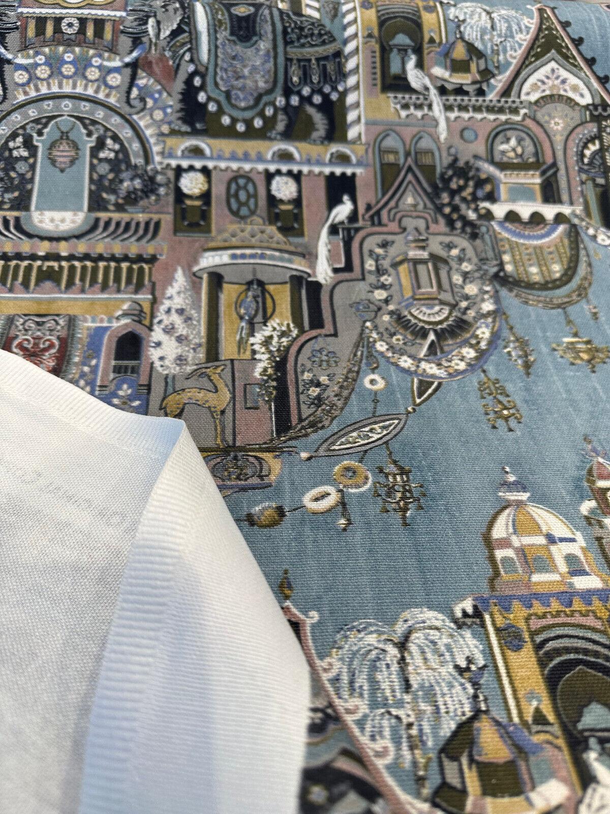 Highclere Petro Cerulean Cotton Duck Fabric - Exotic Buildings, Elephants, Blue Gray Taupe, 54" Width (1 Yard)