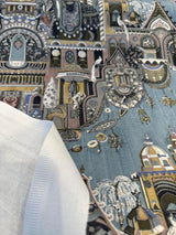 Highclere Petro Cerulean Cotton Duck Fabric - Exotic Buildings, Elephants, Blue Gray Taupe, 54" Width (1 Yard)