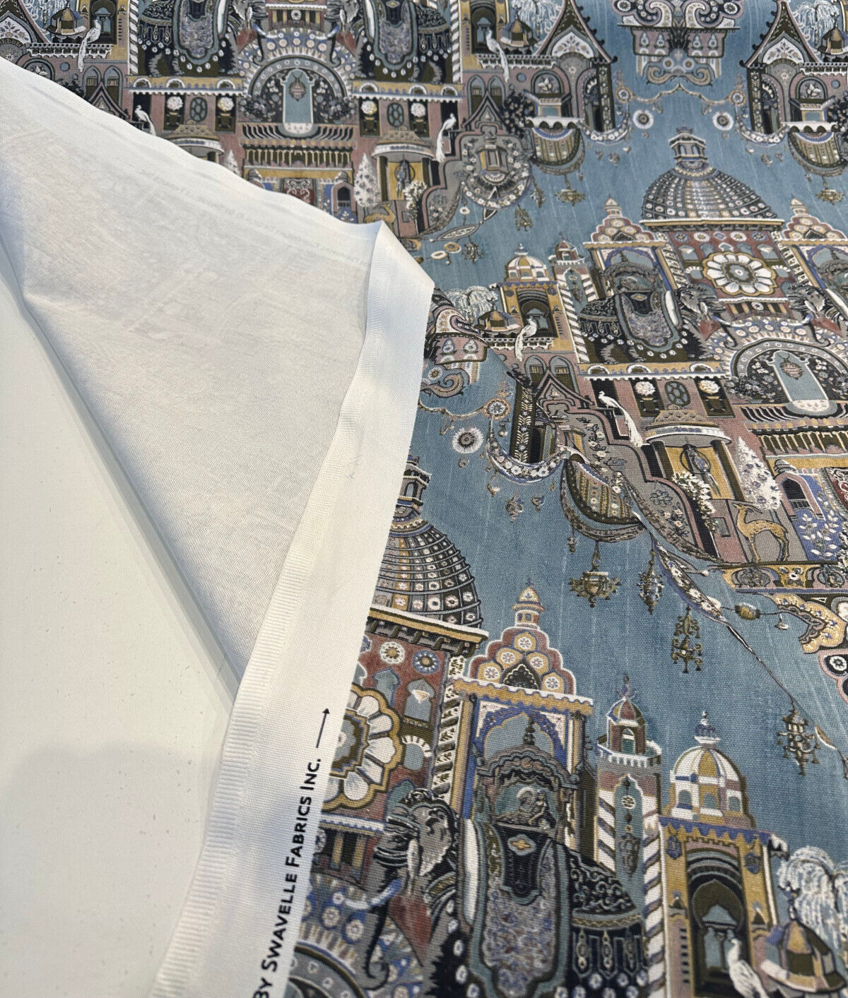 Highclere Petro Cerulean Cotton Duck Fabric - Exotic Buildings, Elephants, Blue Gray Taupe, 54" Width (1 Yard)