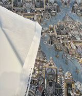 Highclere Petro Cerulean Cotton Duck Fabric - Exotic Buildings, Elephants, Blue Gray Taupe, 54" Width (1 Yard)