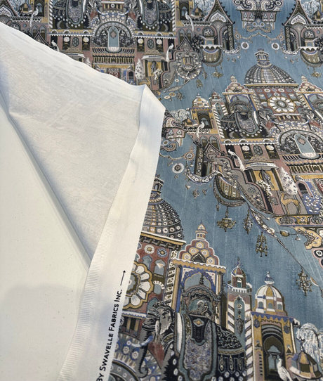 Highclere Petro Cerulean Cotton Duck Fabric - Exotic Buildings, Elephants, Blue Gray Taupe, 54" Width (1 Yard)