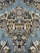 Highclere Petro Cerulean Cotton Duck Fabric - Exotic Buildings, Elephants, Blue Gray Taupe, 54" Width (1 Yard)