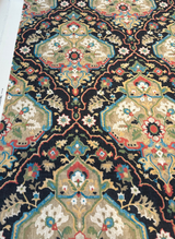Waddesdon Pierside Noir Black Damask Polyester Fabric - Black Background With Red, Blue, Green, Beige, And Ivory Damask Pattern, 54" Width (1 Yard)