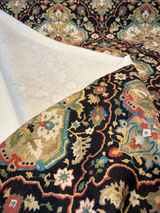 Waddesdon Pierside Noir Black Damask Polyester Fabric - Black Background With Red, Blue, Green, Beige, And Ivory Damask Pattern, 54" Width (1 Yard)