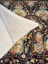 Waddesdon Pierside Noir Black Damask Polyester Fabric - Black Background With Red, Blue, Green, Beige, And Ivory Damask Pattern, 54" Width (1 Yard)