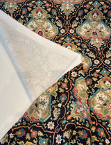 Waddesdon Pierside Noir Black Damask Polyester Fabric - Black Background With Red, Blue, Green, Beige, And Ivory Damask Pattern, 54" Width (1 Yard)