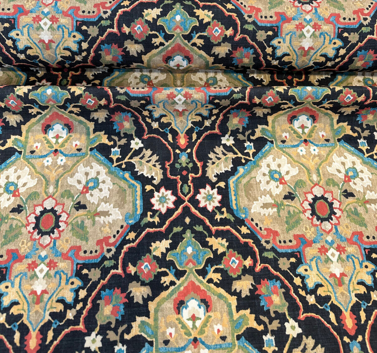 Waddesdon Pierside Noir Black Damask Polyester Fabric - Black Background With Red, Blue, Green, Beige, And Ivory Damask Pattern, 54" Width (1 Yard)