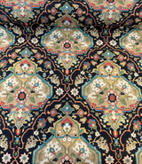 Waddesdon Pierside Noir Black Damask Polyester Fabric - Black Background With Red, Blue, Green, Beige, And Ivory Damask Pattern, 54" Width (1 Yard)