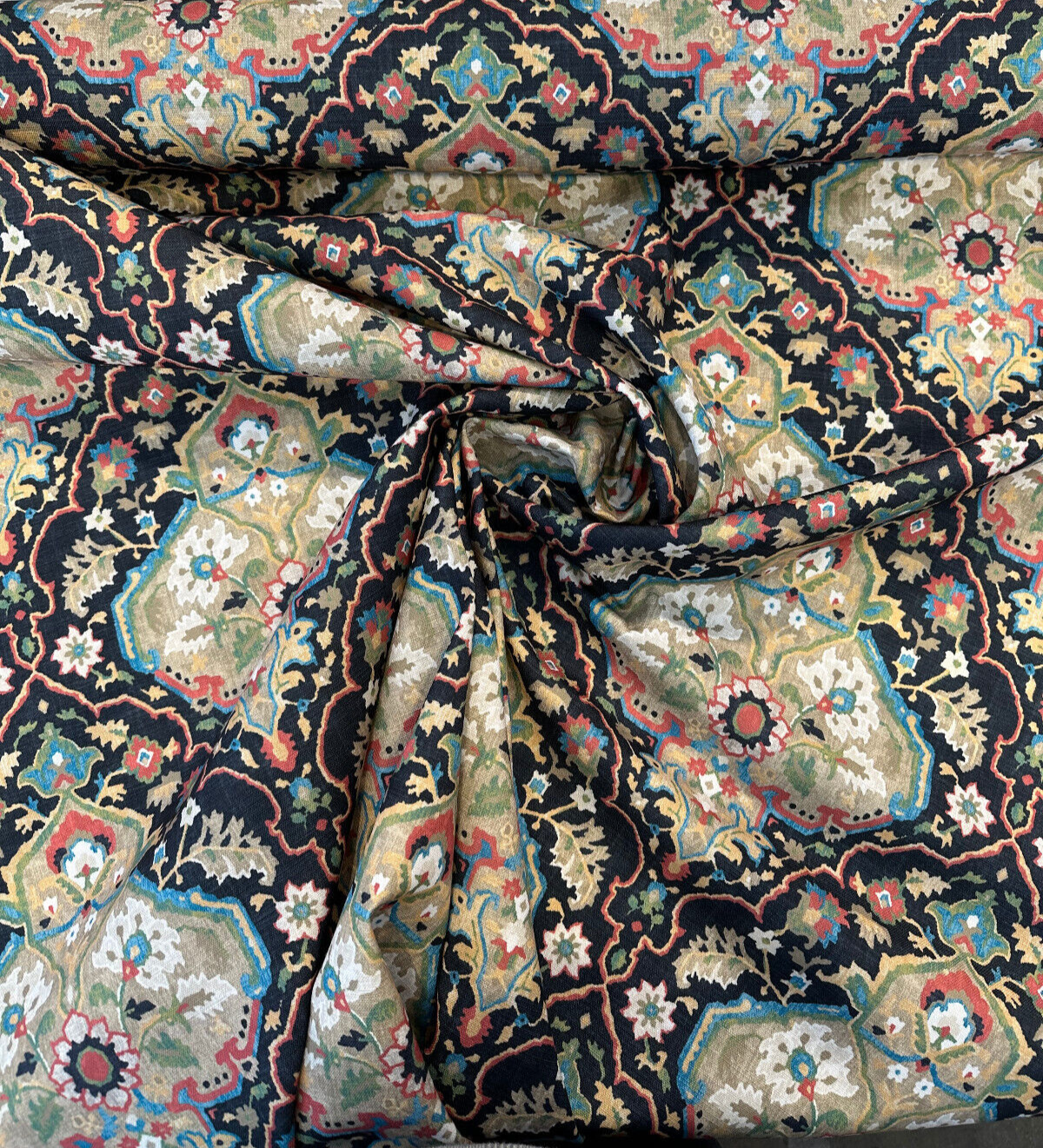 Waddesdon Pierside Noir Black Damask Polyester Fabric - Black Background With Red, Blue, Green, Beige, And Ivory Damask Pattern, 54" Width (1 Yard)