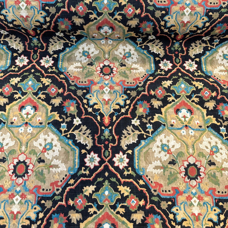 Waddesdon Pierside Noir Black Damask Polyester Fabric - Black Background With Red, Blue, Green, Beige, And Ivory Damask Pattern, 54" Width (1 Yard)