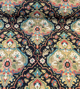 Waddesdon Pierside Noir Black Damask Polyester Fabric - Black Background With Red, Blue, Green, Beige, And Ivory Damask Pattern, 54" Width (1 Yard)