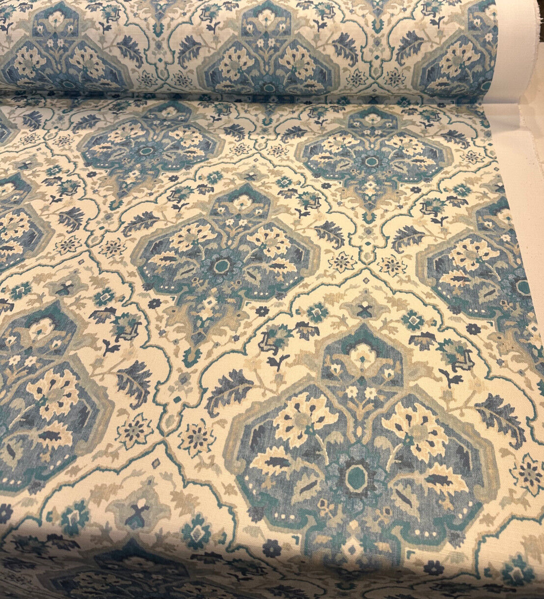 Swavelle Damask Waddesdon Pierside Blue Bird Polyester Fabric - White Background Damask, Blue Teal And Ivory, 54" Width (1 Yard)