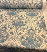 Swavelle Damask Waddesdon Pierside Blue Bird Polyester Fabric - White Background Damask, Blue Teal And Ivory, 54" Width (1 Yard)