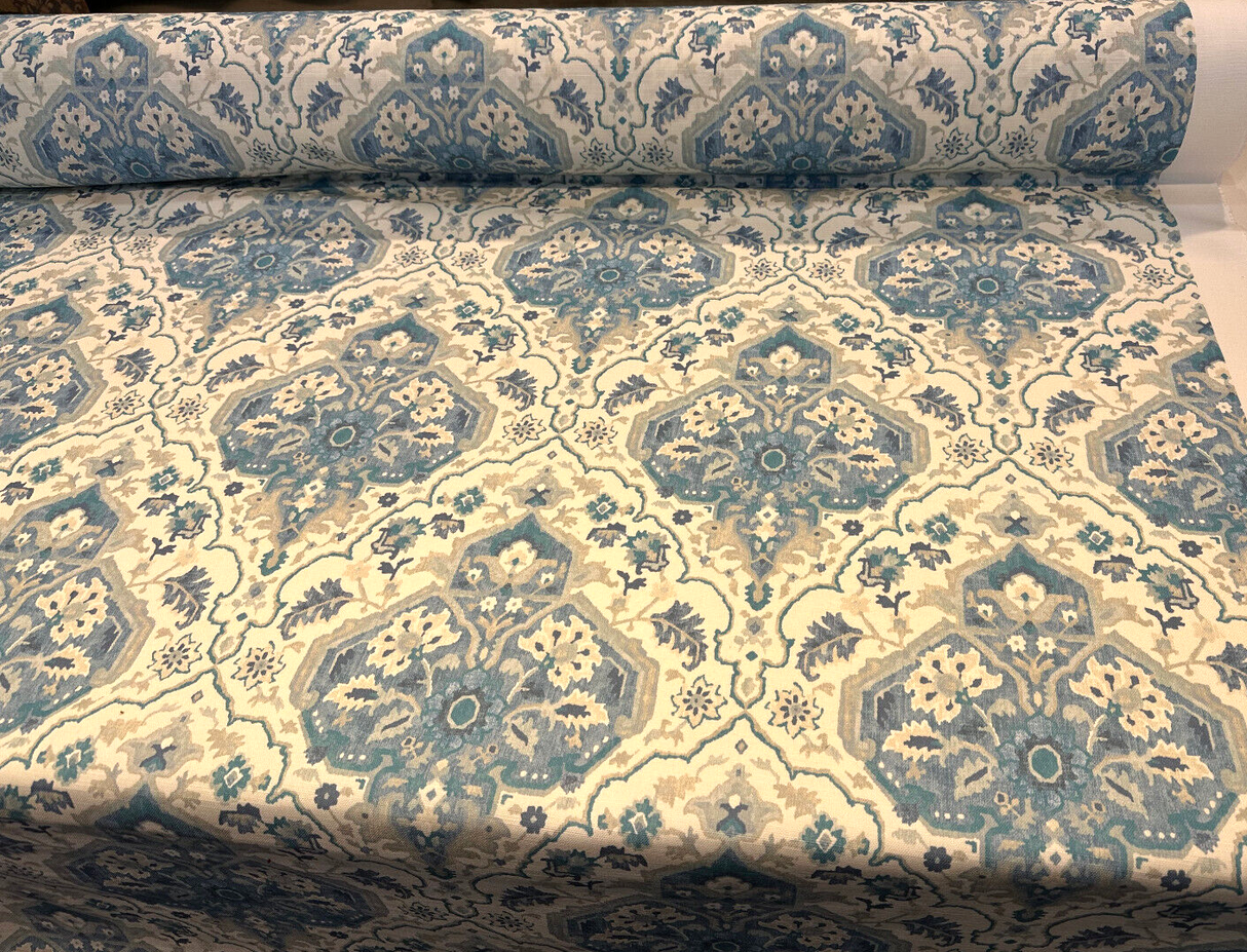 Swavelle Damask Waddesdon Pierside Blue Bird Polyester Fabric - White Background Damask, Blue Teal And Ivory, 54" Width (1 Yard)