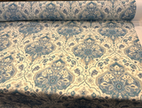 Swavelle Damask Waddesdon Pierside Blue Bird Polyester Fabric - White Background Damask, Blue Teal And Ivory, 54" Width (1 Yard)