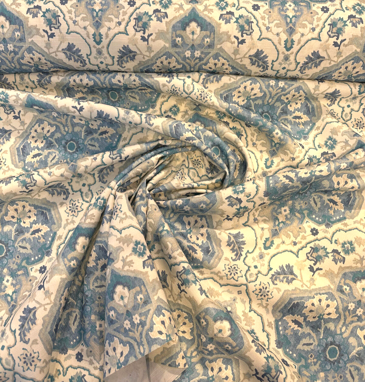 Swavelle Damask Waddesdon Pierside Blue Bird Polyester Fabric - White Background Damask, Blue Teal And Ivory, 54" Width (1 Yard)