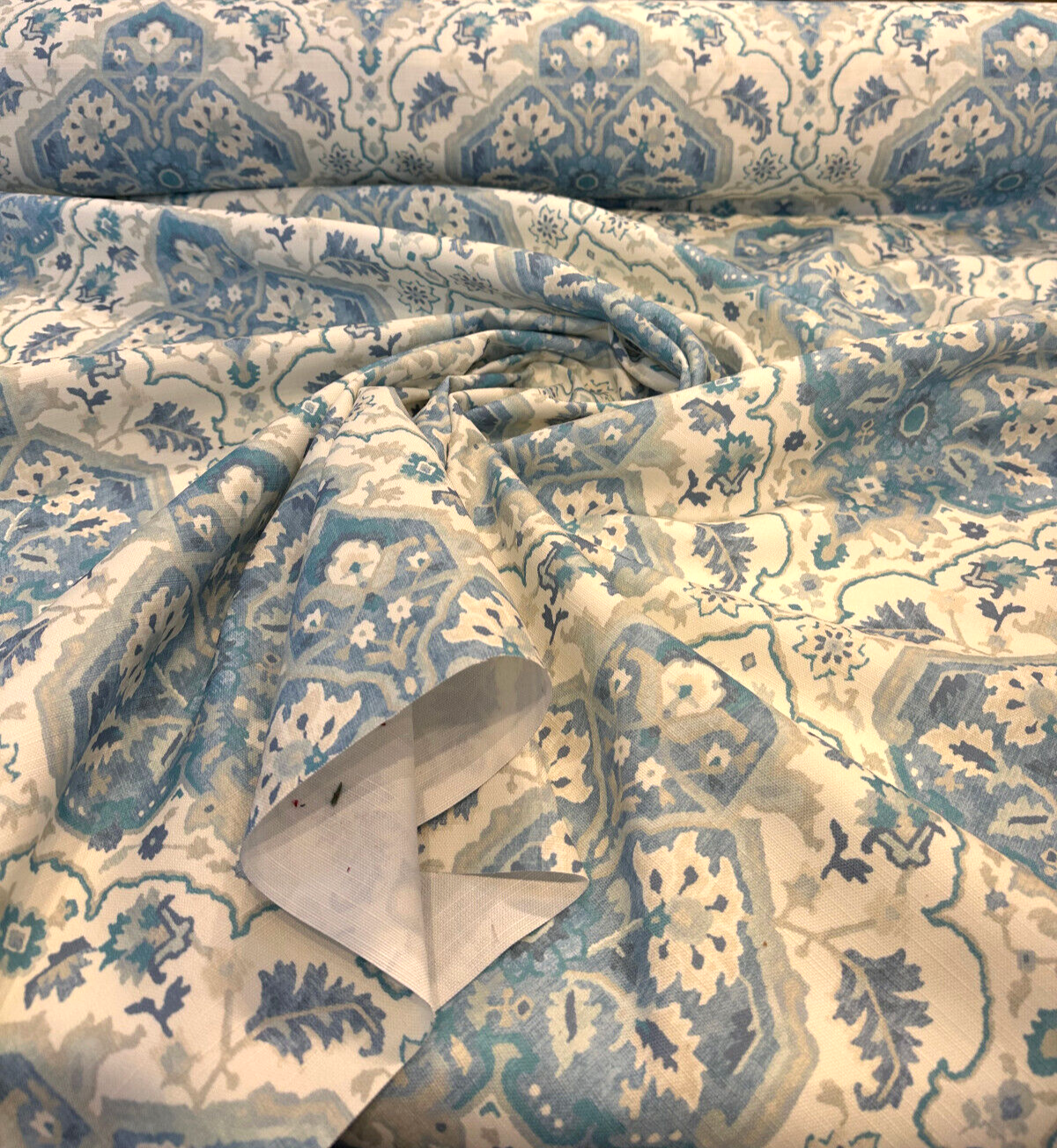 Swavelle Damask Waddesdon Pierside Blue Bird Polyester Fabric - White Background Damask, Blue Teal And Ivory, 54" Width (1 Yard)