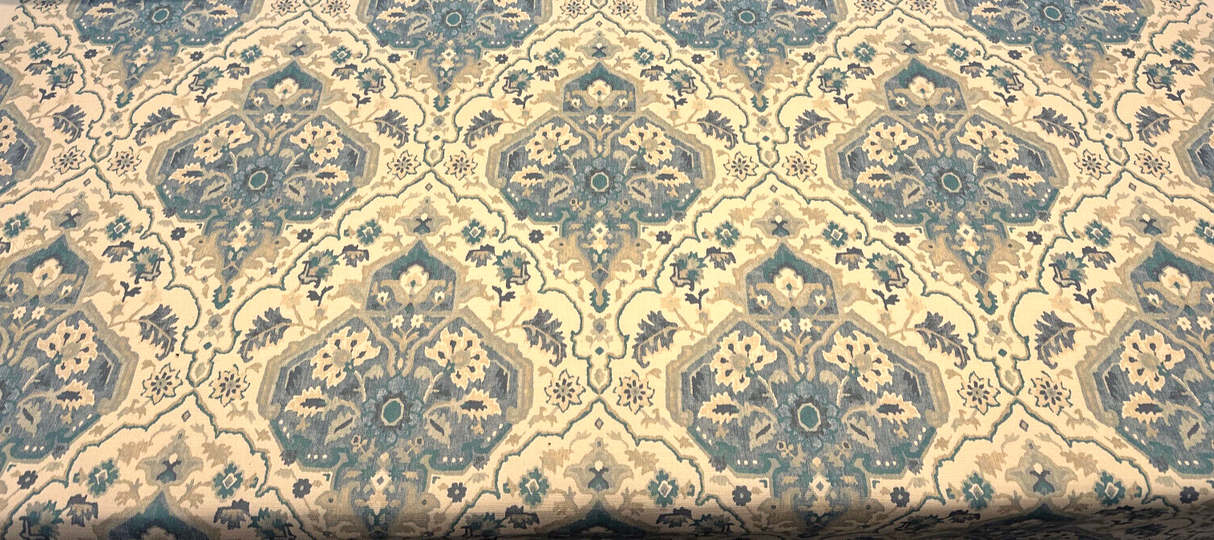Swavelle Damask Waddesdon Pierside Blue Bird Polyester Fabric - White Background Damask, Blue Teal And Ivory, 54" Width (1 Yard)