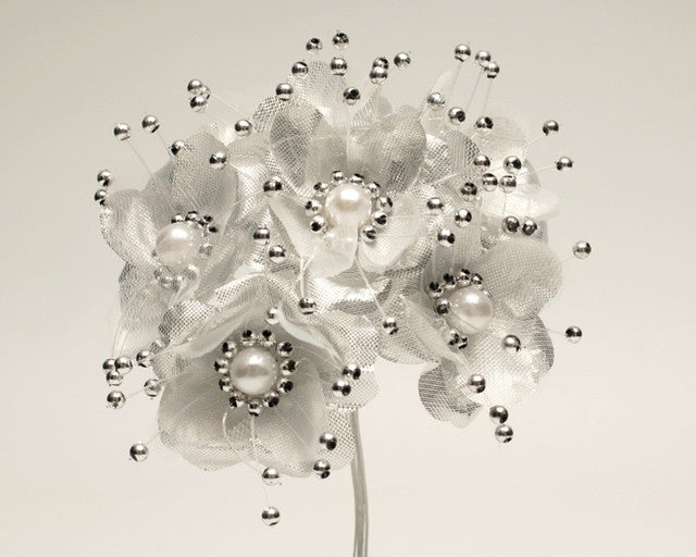 1.5" Silver Silk Flowers with Pearl - Pack of 72