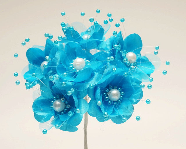 1.5" Turquoise Silk Flowers with Pearl - Pack of 72