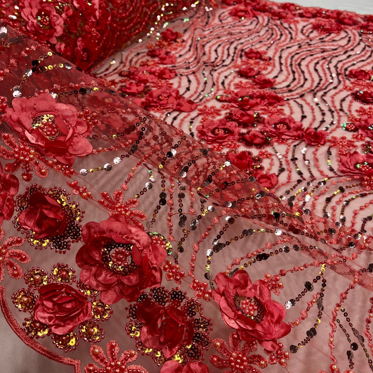Beaded 3D Floral Lace Fabric