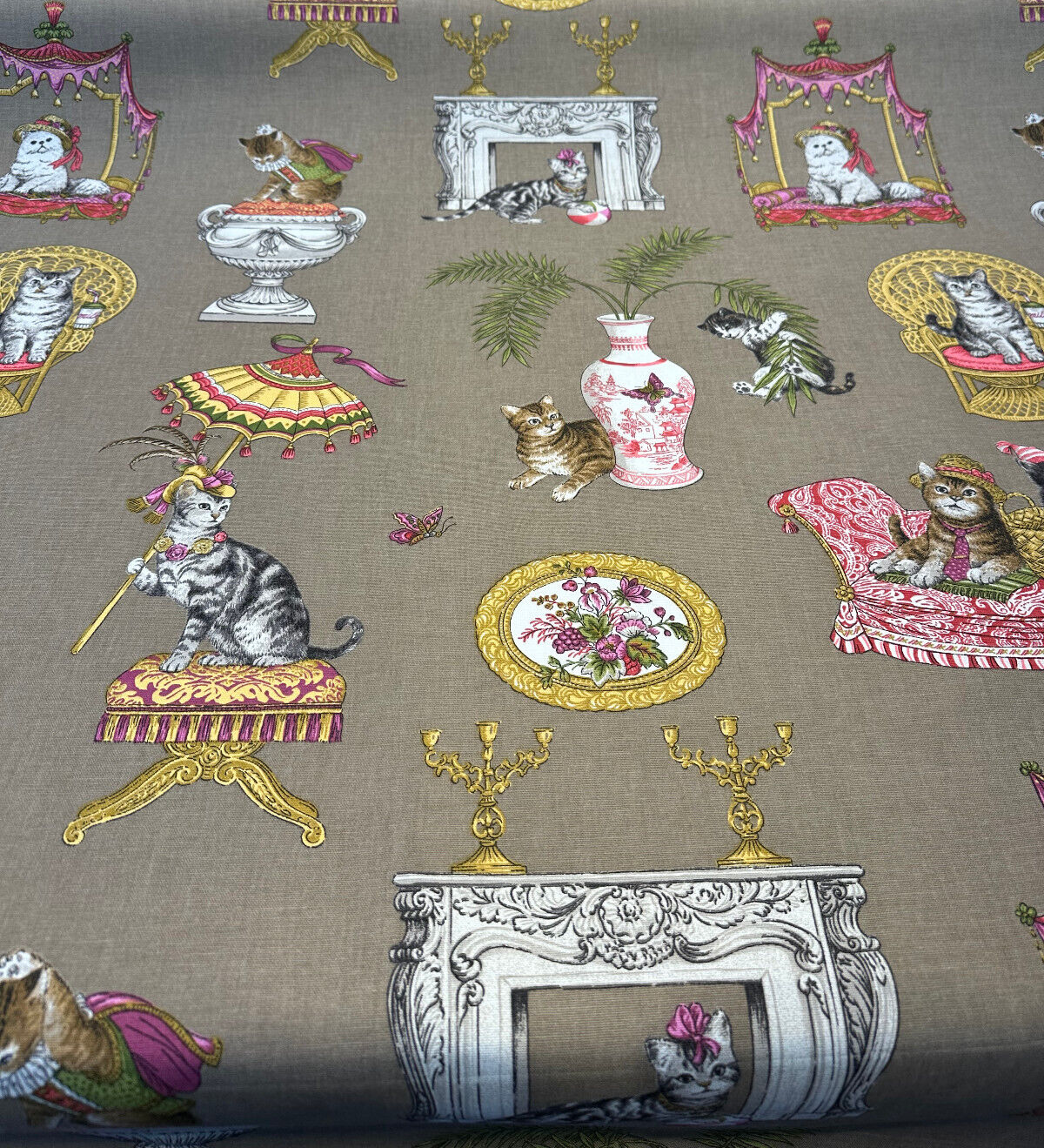Fabulous Felines Cats With Hats Cotton Fabric - Tan, Pink, Dark Salmon Cat Print, 27" Repeat (1 Yard)