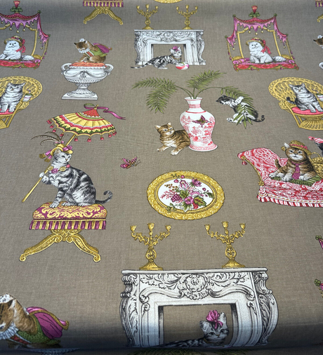 Fabulous Felines Cats With Hats Cotton Fabric - Tan, Pink, Dark Salmon Cat Print, 27" Repeat (1 Yard)