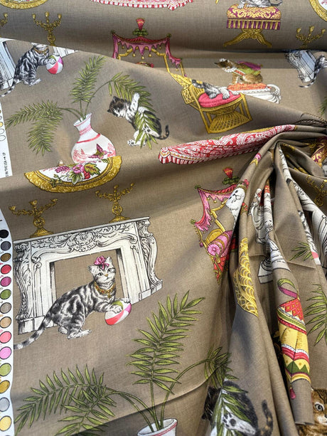 Fabulous Felines Cats With Hats Cotton Fabric - Tan, Pink, Dark Salmon Cat Print, 27" Repeat (1 Yard)