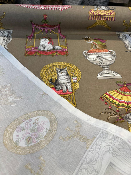Fabulous Felines Cats With Hats Cotton Fabric - Tan, Pink, Dark Salmon Cat Print, 27" Repeat (1 Yard)