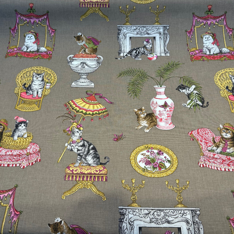 Fabulous Felines Cats With Hats Cotton Fabric - Tan, Pink, Dark Salmon Cat Print, 27" Repeat (1 Yard)
