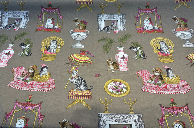 Fabulous Felines Cats With Hats Cotton Fabric - Tan, Pink, Dark Salmon Cat Print, 27" Repeat (1 Yard)
