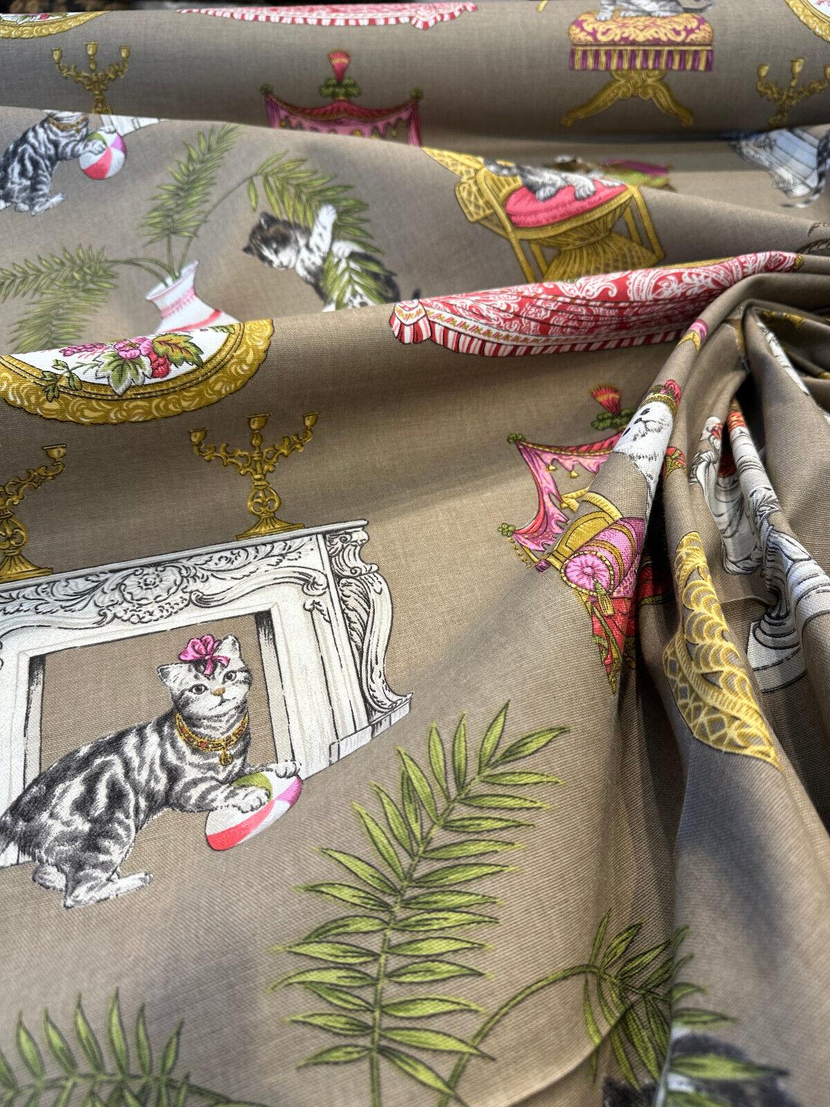 Fabulous Felines Cats With Hats Cotton Fabric - Tan, Pink, Dark Salmon Cat Print, 27" Repeat (1 Yard)