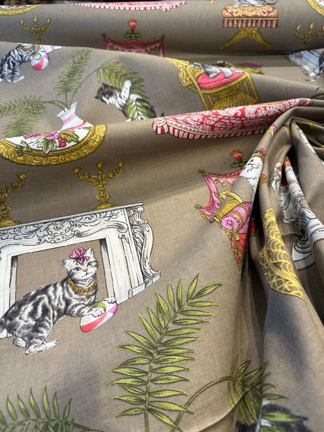 Fabulous Felines Cats With Hats Cotton Fabric - Tan, Pink, Dark Salmon Cat Print, 27" Repeat (1 Yard)
