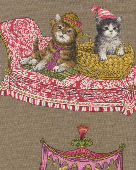 Fabulous Felines Cats With Hats Cotton Fabric - Tan, Pink, Dark Salmon Cat Print, 27" Repeat (1 Yard)